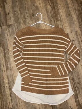 LOFT Camel and White Striped Layered-Hem Crew Sweater